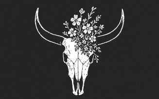 Boho Cow Skull with Wildflowers PNG Art, Western Floral Skull PNG, Rustic Horned Skull Digital