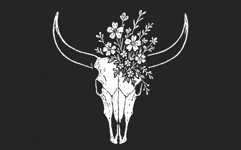 Boho Cow Skull with Wildflowers PNG Art, Western Floral Skull PNG, Rustic Horned Skull Digital Illustration