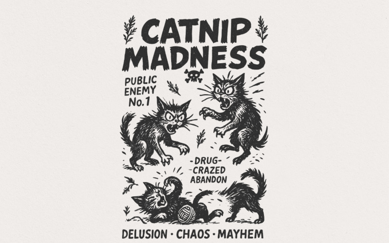 Catnip Madness PNG, Funny Cat Lover Vintage Cat Design, Crazy Cat Black Cat Art, Animal PNG Clipart Illustration