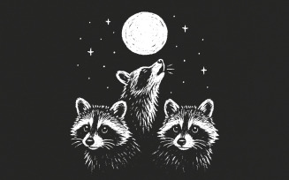 Moonlit Raccoon Trio PNG, Woodland Animal PNG, Forest Animal PNG, Hand Drawn Wildlife, Nocturnal