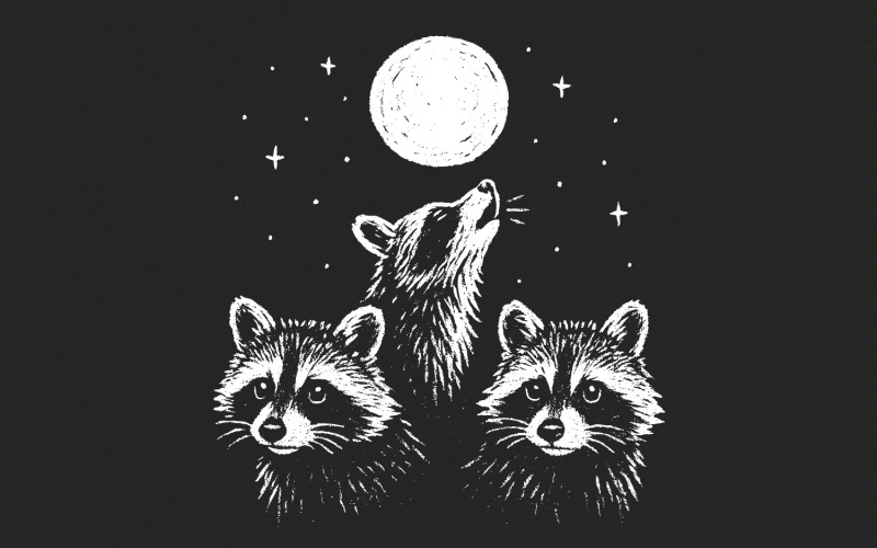 Moonlit Raccoon Trio PNG, Woodland Animal PNG, Forest Animal PNG, Hand Drawn Wildlife, Nocturnal Illustration