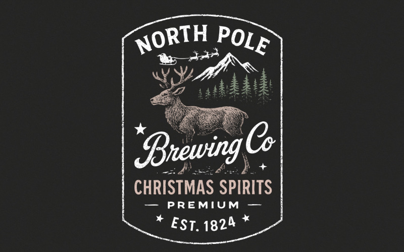North Pole Brewing Co Christmas Spirits Premium PNG, Vintage Holiday Reindeer PNG, Retro Christmas Illustration