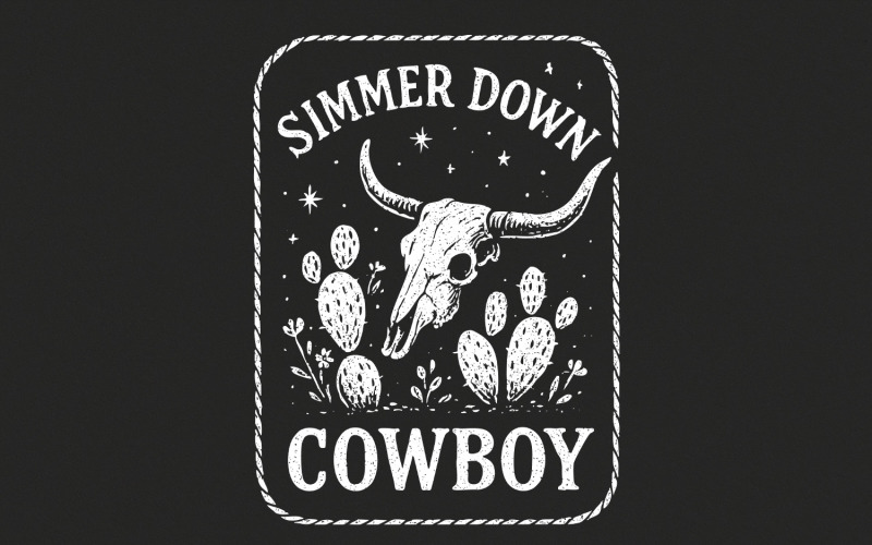 Simmer Down Cowboy PNG, Western Skull PNG, Boho Cactus Sublimation, Rustic Cowboy Digital Download, Illustration