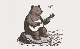 Bear With Guitar PNG, Guitarist Bear, Unique Animal Playing Guitar Art, Relaxing River Nature Scene