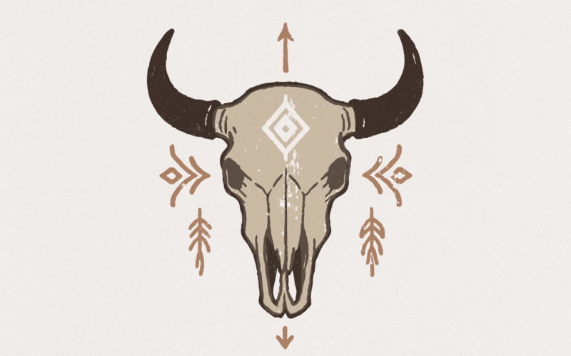 Boho Bull Skull PNG, Western Skull PNG Art, Tribal Geometric Southwest Design, Trendy Bohemian Illustration