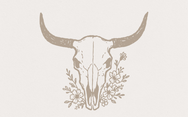Boho Cow Skull PNG, Floral Skull Art, Steer Skull PNG, Rustic Western Horned Skull, Desert Motif Illustration