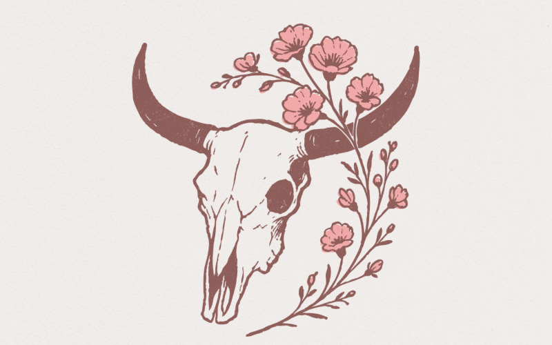 Boho Western Skull PNG, Floral Horns Tumbler PNG Digital Download, Mother's Day Gift, Wildflowers Illustration