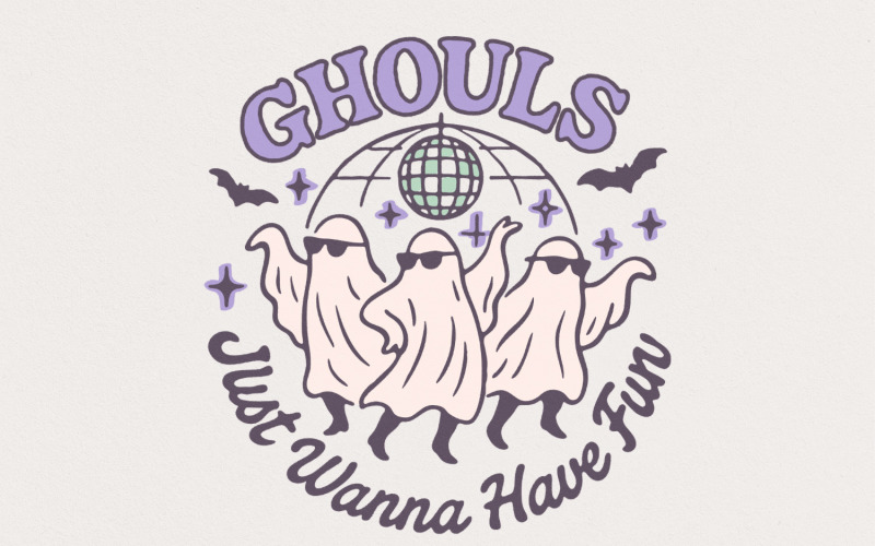 Ghouls Just Wanna Have Fun PNG, Halloween PNG, Cute Ghosts Retro Pastel, Spooky Disco Ball, Dancing Illustration