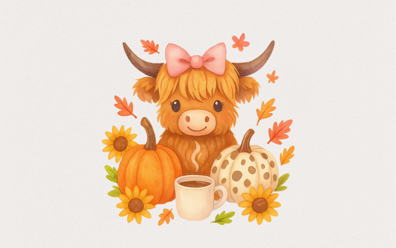 Highland Cow Fall PNG, Autumn PNG, Pumpkin PNG, Cozy Coffee Cow, Cute Animal Clipart, Sunflower, Illustration