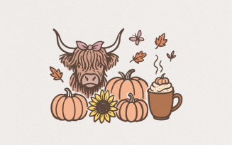 Highland Cow PNG, Fall PNG, Pumpkins PNG, Sunflower and Coffee PNG, Cute Autumn Cow Art, Cozy