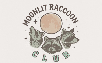 Moonlit Raccoon Club PNG, Retro Raccoon Shirt PNG, Animal Night Moon Art, Hand Drawn Nature, Cute