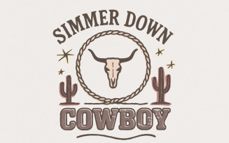 Simmer Down Cowboy PNG, Longhorn Western PNG Tee Design, Retro Desert Cactus PNG, Vintage Cowboy