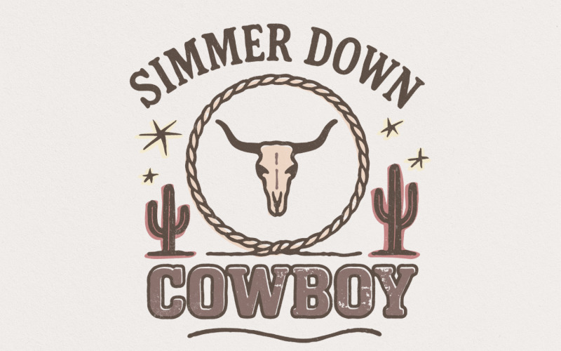 Simmer Down Cowboy PNG, Longhorn Western PNG Tee Design, Retro Desert Cactus PNG, Vintage Cowboy Illustration