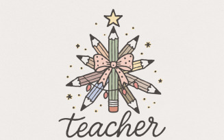 Teacher Pencil Star PNG, Best Teacher Ever PNG, Teacher Appreciation, Pastel Bow Design, Cute
