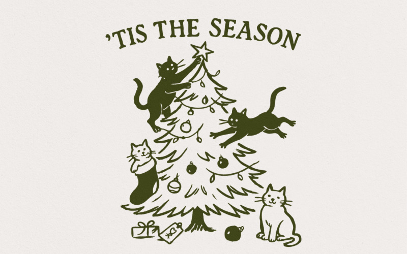 Tis The Season Cat Christmas PNG Digital Download, Funny Holiday Tree Kitten Clipart, Cute Pet Illustration