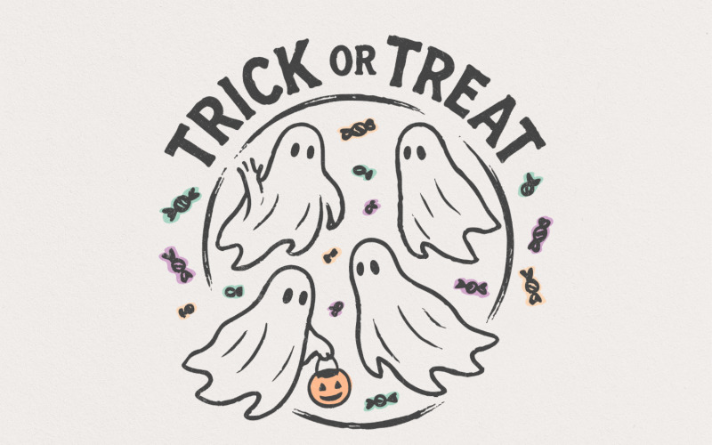 Trick or Treat PNG, Cute Halloween Ghosts Art, Spooky Candy Design, Kids Halloween Shirt PNG, Fun Illustration