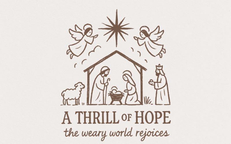 A Thrill Of Hope The Weary World Rejoices PNG, Nativity Scene PNG, Christian Christmas Sublimation, Illustration