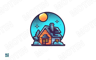 Cozy Rustic Cabin at Night Under a Starry Sky and Crescent Moon