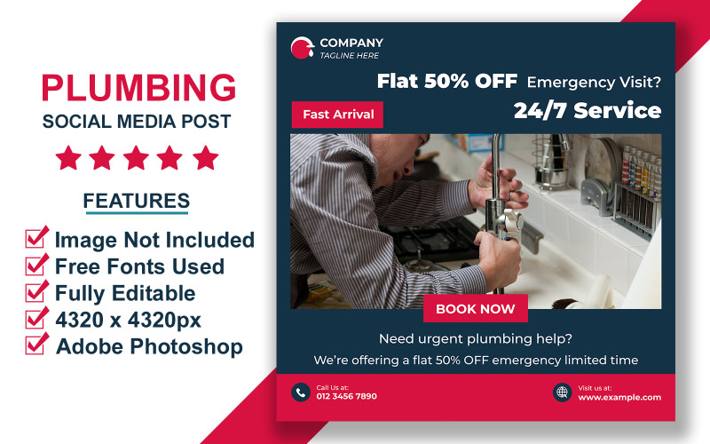 Editable PSD Social Media Template for Plumbing Maintenance and Emergency Repair Ads