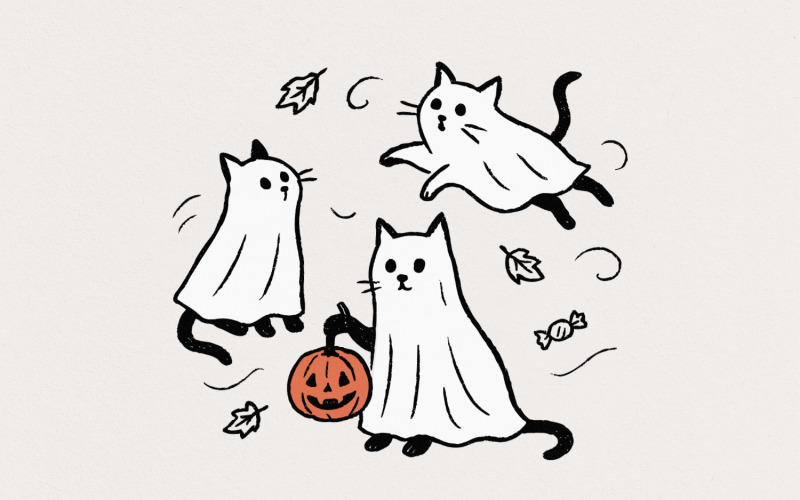 Ghost Cat PNG, Spooky Halloween Cat, Cute Black Cat PNG, Trick or Treat Cats Art, Pumpkin Bucket, Illustration