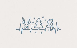 Retro Christmas PNG, Minimalist Christmas Line Art with Reindeer, Snowman, and Tree, Heartbeat