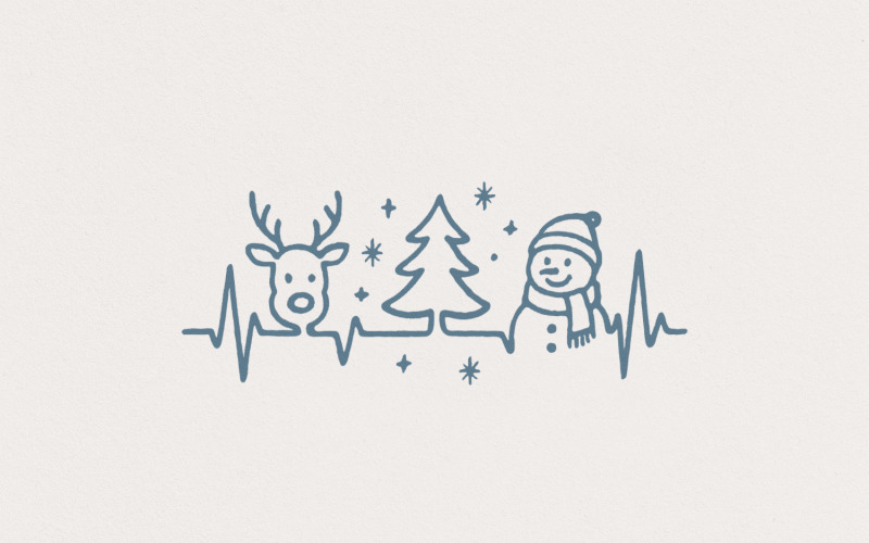 Retro Christmas PNG, Minimalist Christmas Line Art with Reindeer, Snowman, and Tree, Heartbeat Illustration