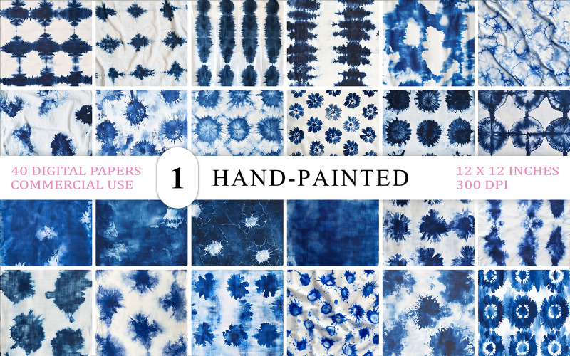 40 Shibori Tie-Dye Backgrounds | Hand-Painted Indigo Textures | Fabric & Home Decor Bundle