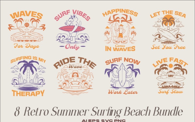 Retro Summer Surfing Beach T-shirt Designs Bundle