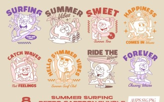 Summer Surfing Retro Cartoon T-shirt Designs Bundle