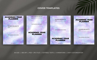 Academic Year Planner Cover Template - Blue & Violet Pastel Watercolor - Editable PSD Design