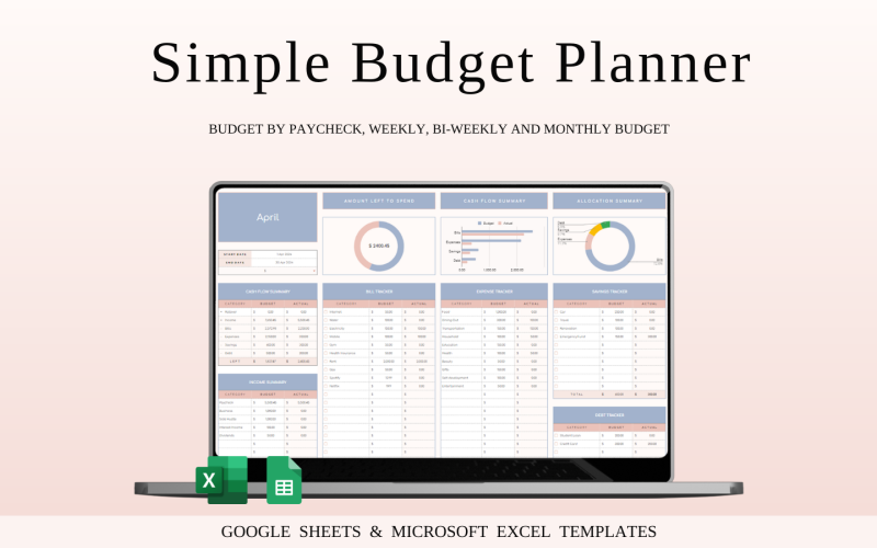 Budget Planner Excel and Google Sheets, Monthly Budget Spreadsheet, Personal Finance Tracker