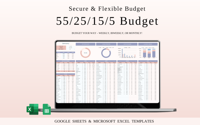 55/25/15/5 Budget Spreadsheet Template | Excel and Google Sheets