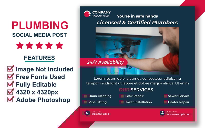 Modern Plumbing Service Social Media Post Templates for Promotions in Adobe Photoshop PSD