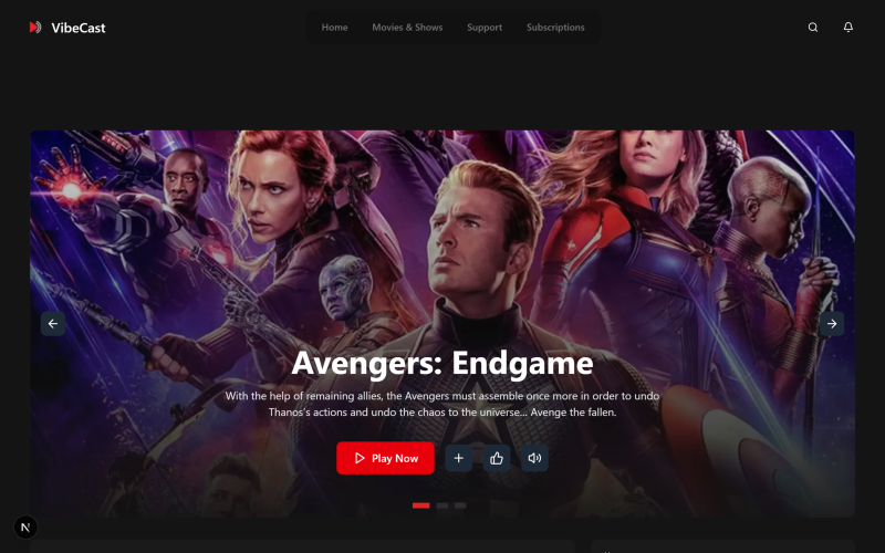 VibeCast - Next js 15 Streaming Template with Tailwind CSS, ShadCN UI, Swiper Carousels Website Template