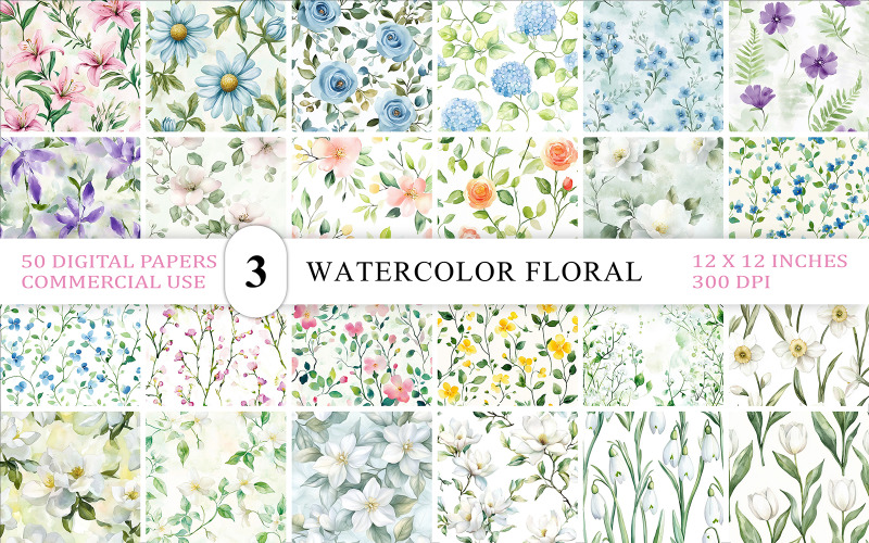 Delicate Pastel Watercolor Flower Backgrounds | 50 Seamless Watercolor Floral Backgrounds
