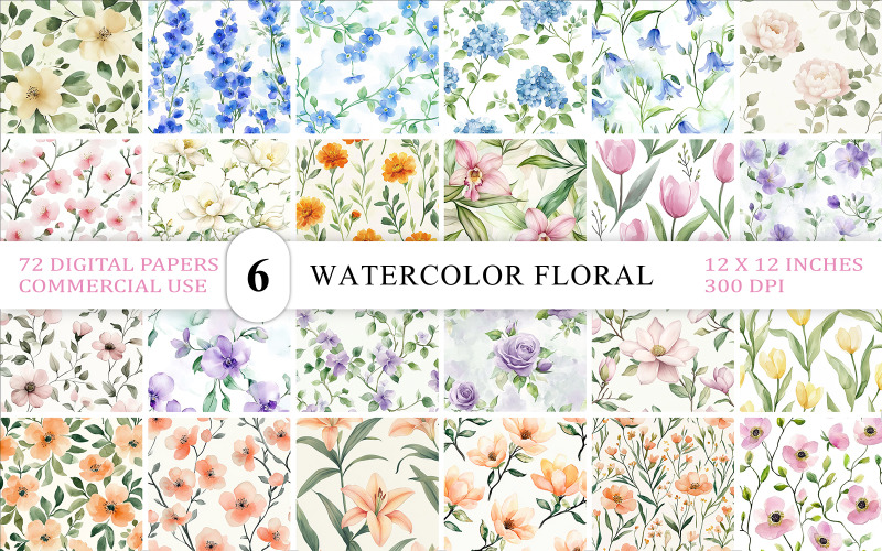 Elegant Seamless Floral Watercolor Patterns | Watercolor Garden Background Set | Hand-Painted