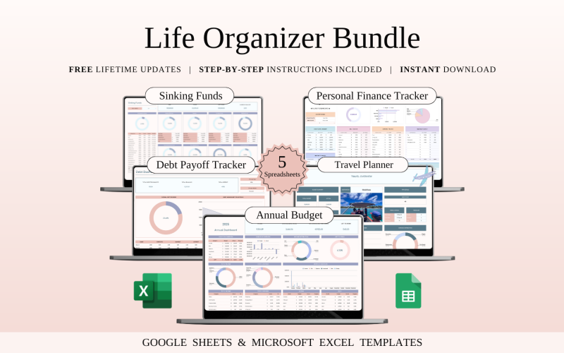Life Organizer Bundle | Spreadsheet Templates Excel and Google Sheets