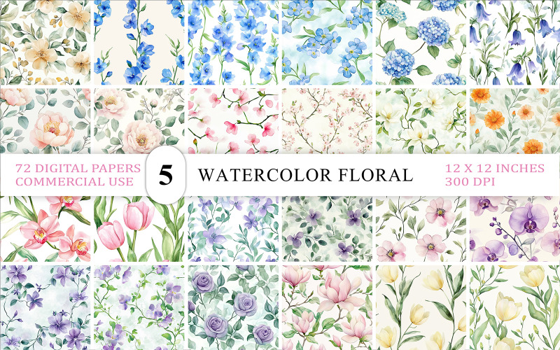 Watercolor Garden Background Set | Seamless Pastel Petals & Delicate Watercolor Floral Pattern