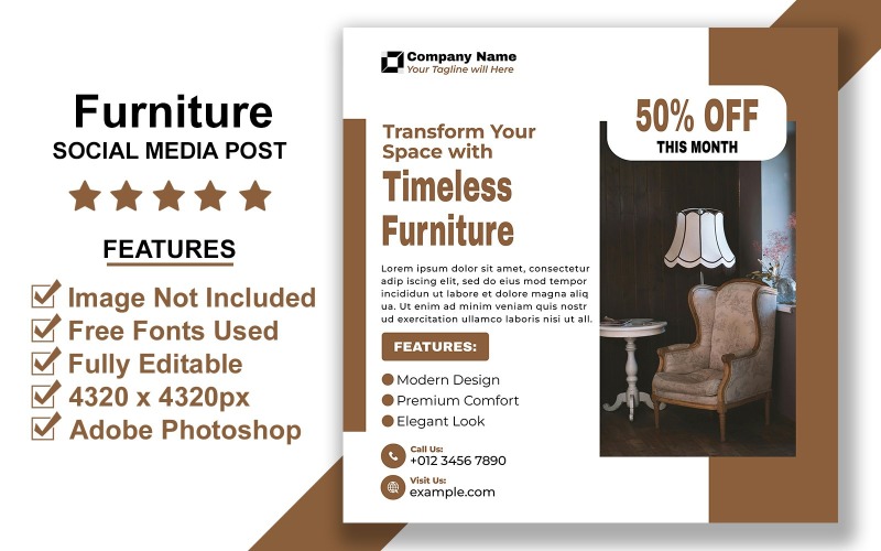 Contemporary Furniture Promo Post Template PSD for Interior Brands in Adobe Photoshop Social Media