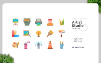 15 Artist Studio Flat Icons Set
