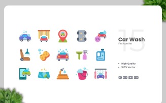 15 Car Wash Flat Icons Set