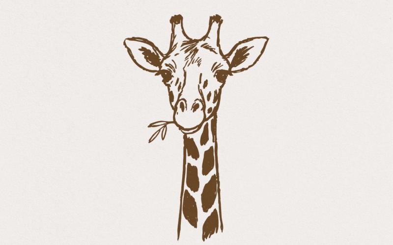 Giraffe With Leaf PNG • Hand Drawn Giraffe Digital Art PNG Download • Animal Outline Clipart For Illustration