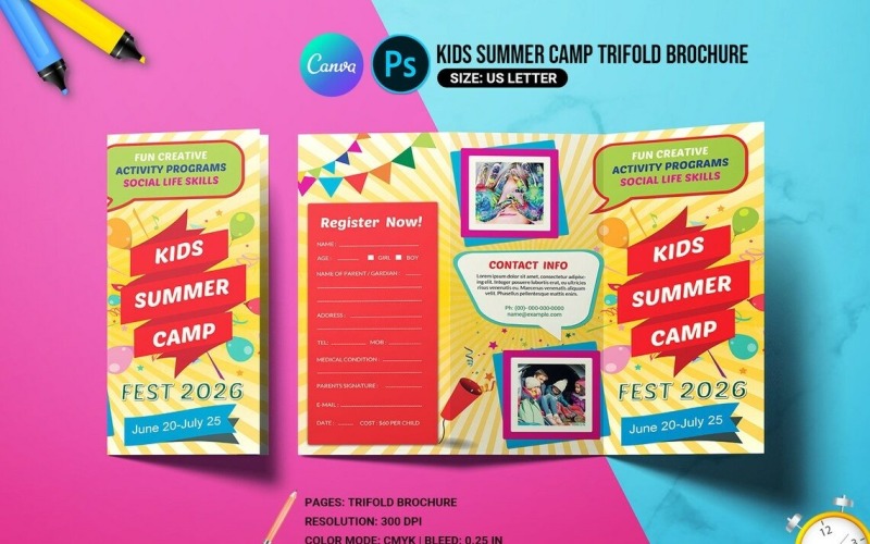 Printable Kids Summer Camp Trifold Brochure Corporate Identity