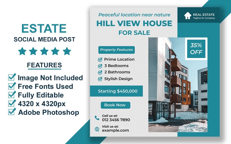 Editable Real Estate Instagram Post Template for Home Advertising and Realtor Branding PSD Social Media