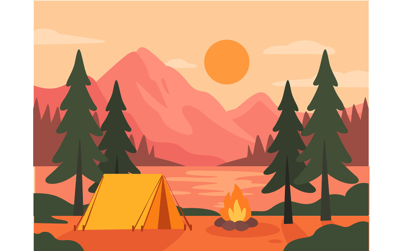 Yellow Tent with Cozy Campfire Illustration