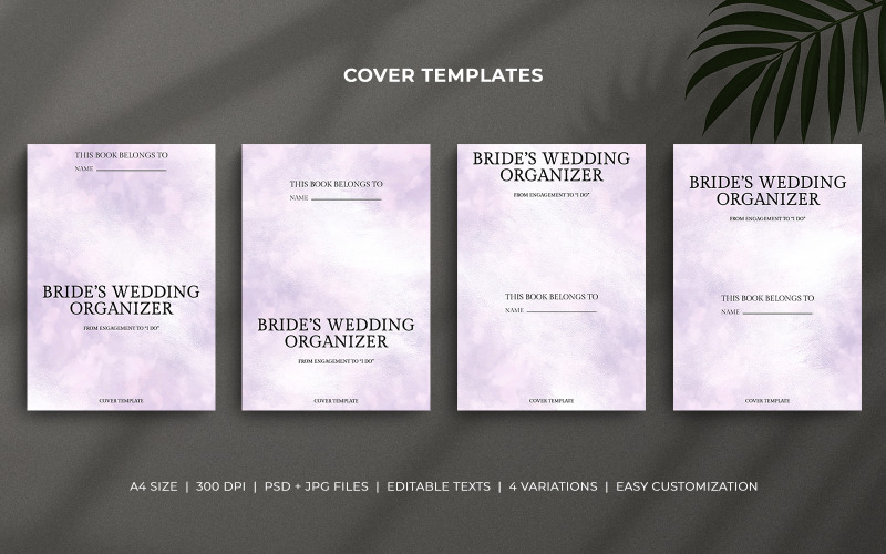 Bride's Wedding Organizer Cover Templates with Lavender Watercolor Brush Design – Editable Layout Corporate Identity