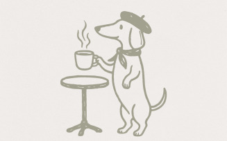 Dachshund Dog PNG Coffee Clipart, French Cafe Art, Minimalist Cute Dog PNG Digital, Dog Lover Gift,