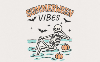 Summerween Vibes PNG, Skeleton Pool Halloween, Cute Spooky PNG, Summer Halloween Shirt, Floating