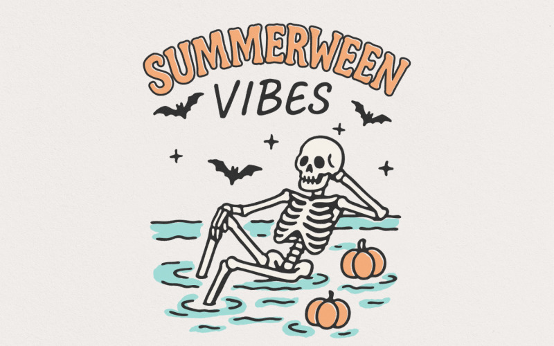 Summerween Vibes PNG, Skeleton Pool Halloween, Cute Spooky PNG, Summer Halloween Shirt, Floating Illustration