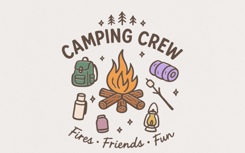 Camping Crew PNG, Fires Friends Fun, Outdoor Adventure Clipart, Hiking Backpack PNG, Campfire Art, Illustration